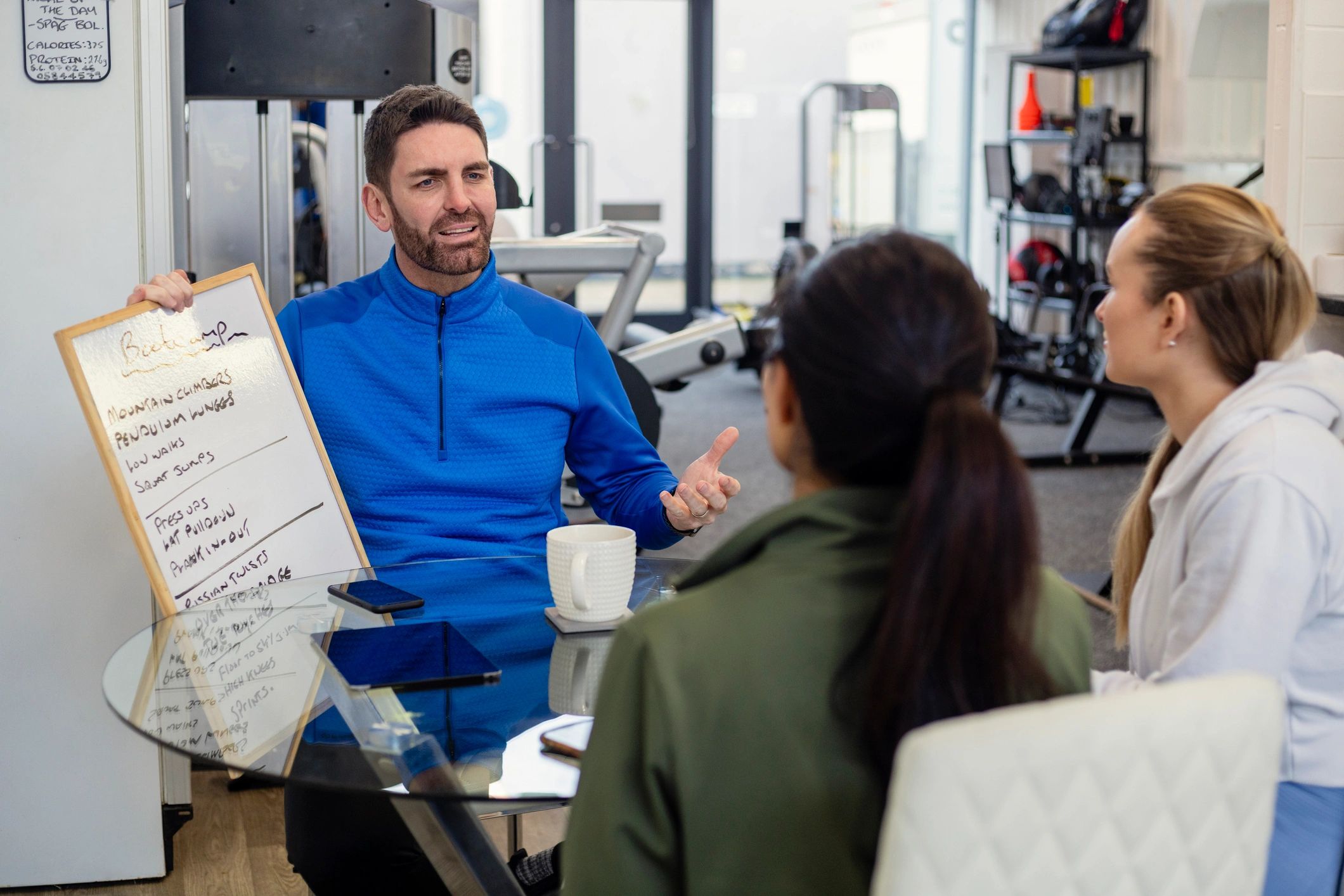 Fitness coach presenting a training plan to clients